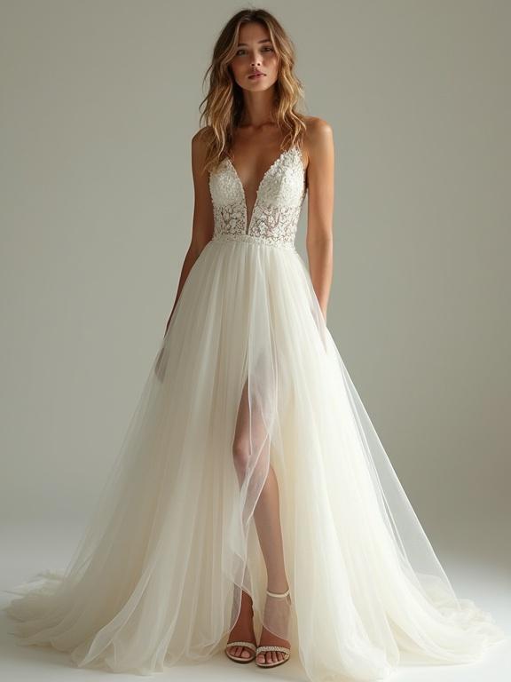 Full body view of a bride in an elegant wedding dress with intricate lace details. The dress has a deep v-neckline and a high slit. A soft tulle skirt flows elegantly. The model stands in stylish bridal heels.