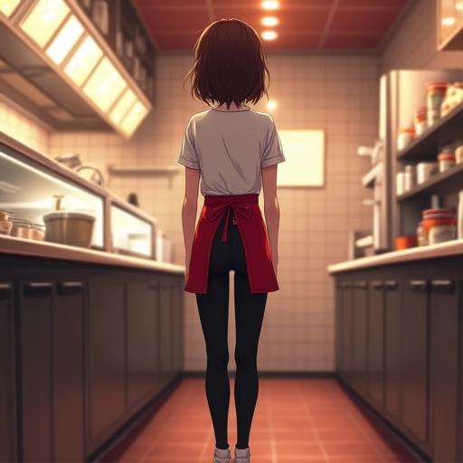 Anime-style illustration of a girl in a fast-food kitchen wearing a white shirt red apron black pants and white shoes. Full-body shot from back angle with warm ambient lighting and detailed coloring.