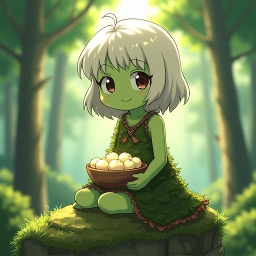 A 12-year-old anime-style girl sits on a mossy rock in a quiet forest. Her skin is green and her short white hair frames her gentle face. She smiles warmly, holding a wooden bowl filled with glowing fruit. She wears a modest dress made of bark and moss. Sunlight filters through the trees, casting a peaceful glow.