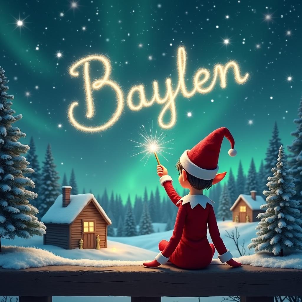 An elf sits on a wooden ledge with its back to the camera, gazing at a magical sky. The elf, dressed in a red outfit with a pointed hat, holds a sparkling wand. With the wand, the elf elegantly writes the name 'Baylen' in the starry sky. The background features a snowy landscape with charming little houses and evergreen trees under the shimmering Northern Lights. This whimsical scene captures the essence of childhood magic and Christmas cheer.