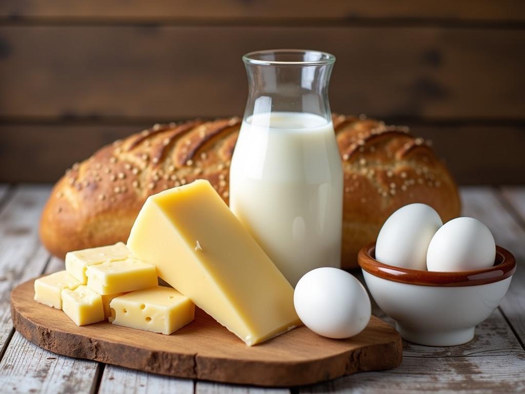 Cheese, bread, milk and eggs. A still life composition featuring various dairy products arranged neatly. There are different types of cheeses displayed on a wooden cutting board. A glass of milk stands tall, reflecting light softly. Nearby, a bowl holds several fresh eggs. Behind it, a loaf of seeded bread adds texture to the scene, all presented against a vintage wooden background.