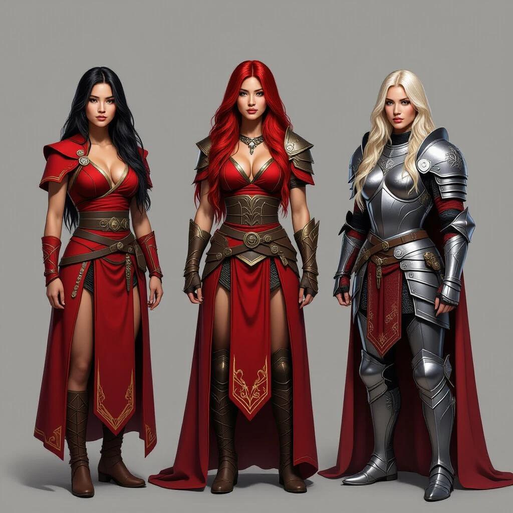 Create realistic portrayal of three distinct female characters. One with dark hair in short red Arcane robes. Another with long red hair, muscular build, embodying a strong Barbarian. The third has long blonde hair, dressed in intricately designed full plate mail armor, without a helmet.