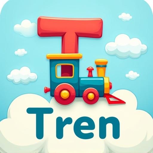 Colorful illustration of a flashcard. Light blue background with soft clouds. Large uppercase letter T made from a toy train. The train engine forms the top of the T. Below the T, the word Tren in large letters. Cheerful style with vibrant colors. Rounded corners and friendly proportions.