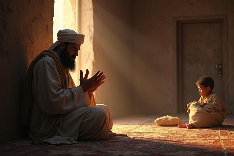 Inside a simple room, a man with a beard sits on the floor with raised hands in prayer. Next to him, a sack of food. His expression shows concern. In the background, a child is sleeping. Symbolism of fear for those who go hungry. Emotional 3D Islamic artwork.