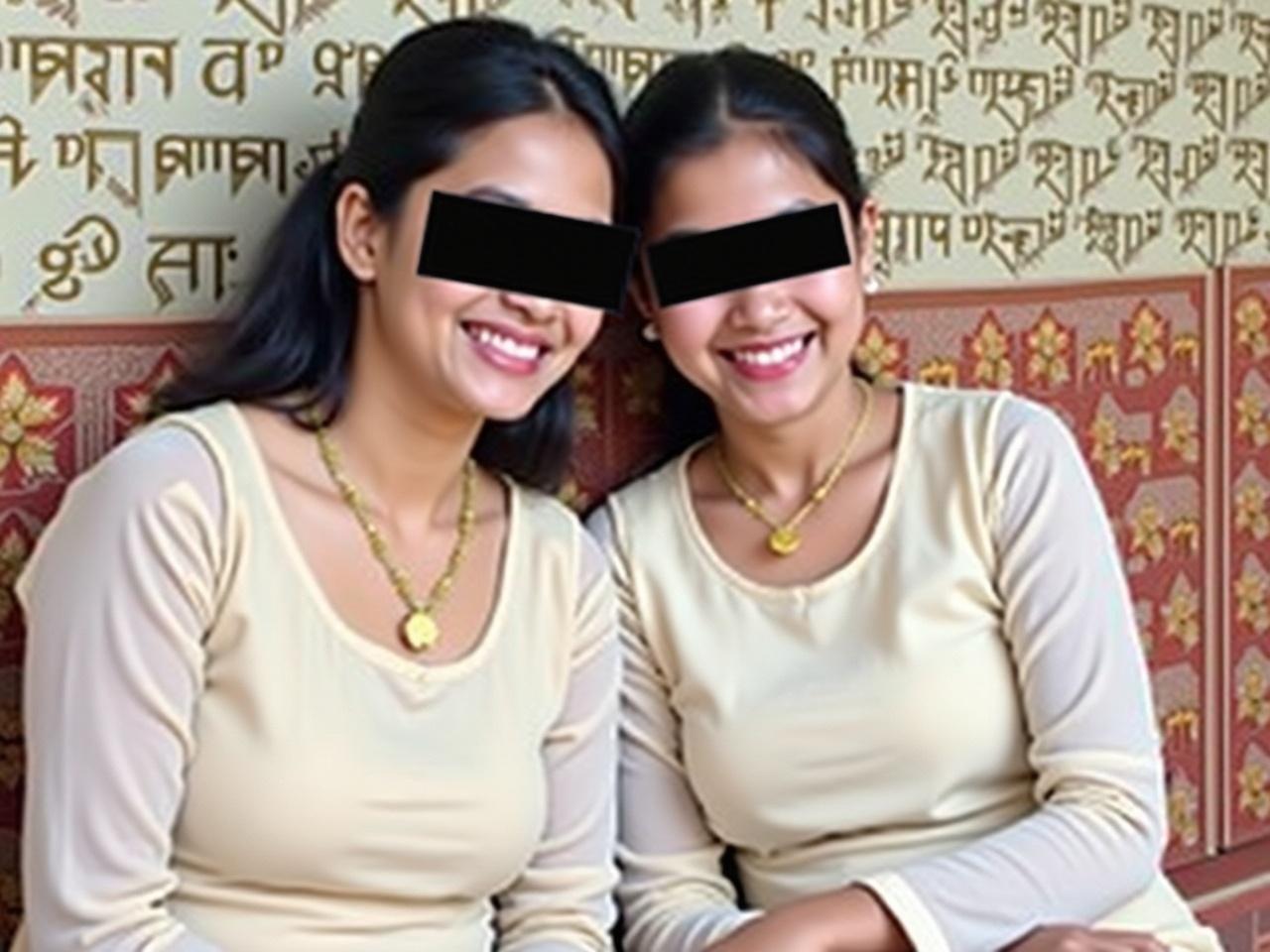 The image shows two young women sitting together. They are both wearing light-colored traditional attire. One woman has her face partially obscured for privacy. The background includes a patterned wall, possibly with text or designs on it. They appear to be enjoying their time together, possibly posing for a photo.