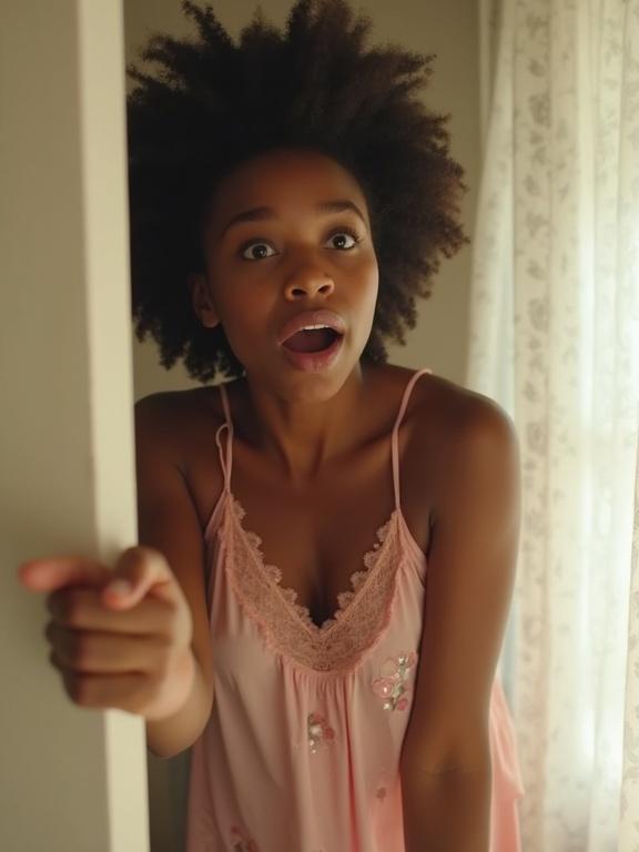 Photograph of a young woman experiencing surprise or shock indoors. She leans forward with outstretched right arm and bent left arm against a wall. Expression shows wide-eyed astonishment with an open mouth. Skin is black, features natural hair. Wears a light pink babydoll nightie with floral patterns. Soft lighting and light-colored textured wall behind. White semi-sheer curtain partially obscures her, allowing light to filter through. Overall focus is on the woman's emotional expression and warm tones of the setting.