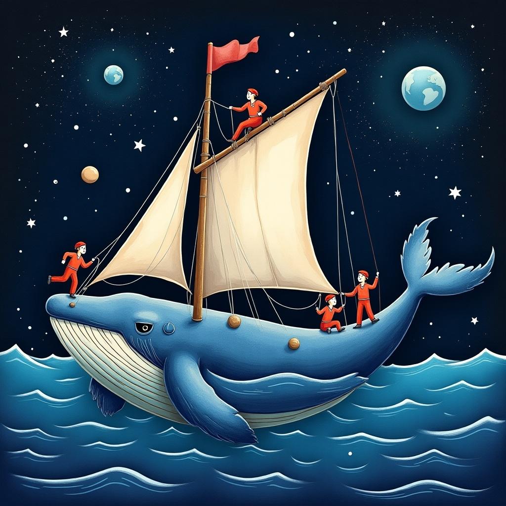 Imagine a whimsical scene where a giant whale is floating through space, equipped with sails reminiscent of a galleon's. Little sailors clad in bright outfits are busy pulling ropes and setting the sails, creating a sense of adventure. The whale is illustrated in vibrant primary colors like blue, red, and yellow, making it stand out against the deep, starry background of space. Celestial bodies like planets and stars add depth and intrigue to the scene. This imaginative artwork combines elements of the ocean with the vastness of space, inviting viewers into a fantastical journey.