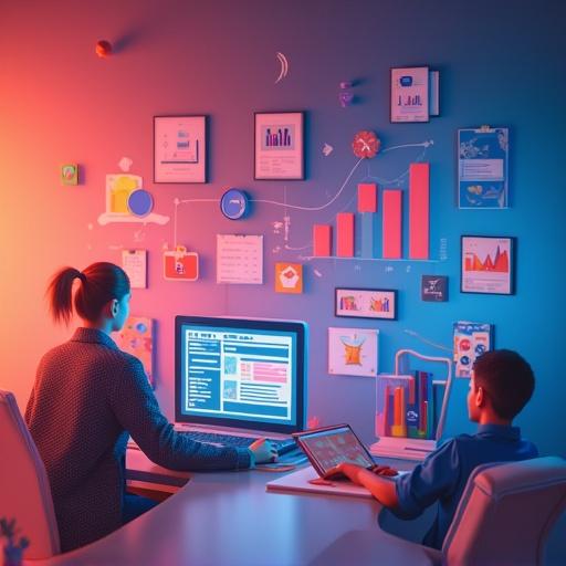 Image of a digital marketing agency office for Instagram advertisement. The scene features a woman working on a computer. A child is using a tablet. The wall displays various charts and data analytics.