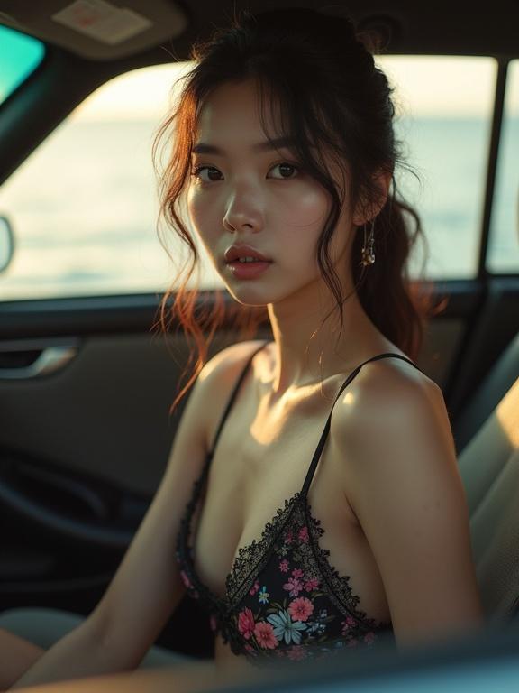Young adult Japanese woman sitting in a car. Exquisite beauty. Wired black swimsuit with delicate flower pattern. Cinematic lighting. Morning haze. Hyper-detail shot. Wide angle to capture full body and car interior. Artistic and visually striking image.