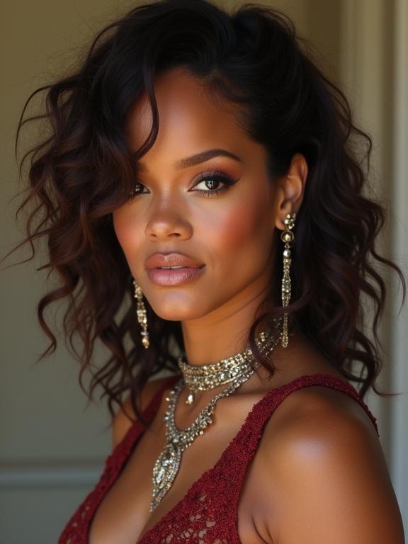 A woman with beautiful curls wearing elegant jewelry. The attire is rich and ceremonial. The lighting enhances the jewelry's shine. The portrait focus is on the upper body and accessories.