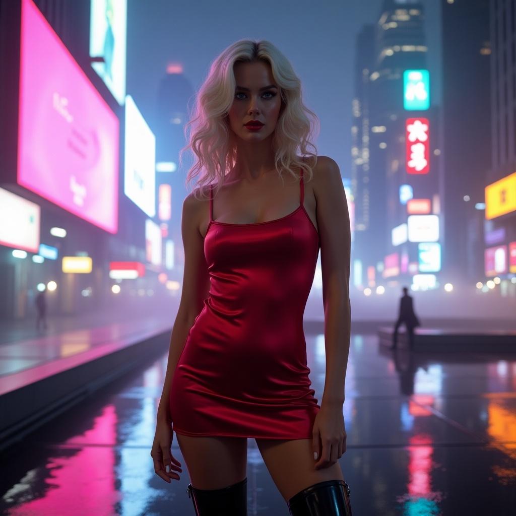 Glamorous blonde woman in a neon-lit city rooftop at night. Voluminous waves in platinum hair. Glossy black lips. Tight red satin mini dress hugging curves. Mid-thigh length accentuating long legs. Black thigh-high stiletto boots reflecting city lights. Framed from low angle against urban skyline. Background with glowing billboards, skyscrapers, digital rain. Hyper-realistic fashion editorial style. Dramatic neon lighting with soft highlights. Ethereal atmosphere created by volumetric light.