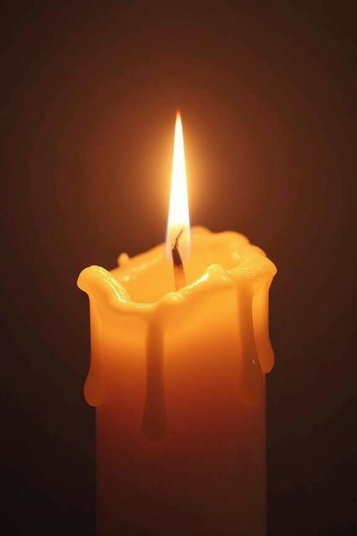 Close-up of a candle with wax dripping from the sides against a dark background. The flame burns steadily at the top, creating a warm glow.