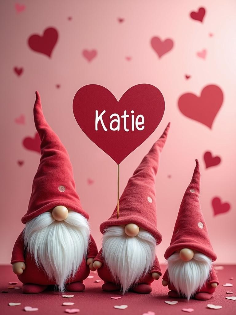 Valentine themed background with red and pink colors. Gnome figures with long white beards wearing red hats. Heart shape with the name Katie inside. Background filled with floating hearts.