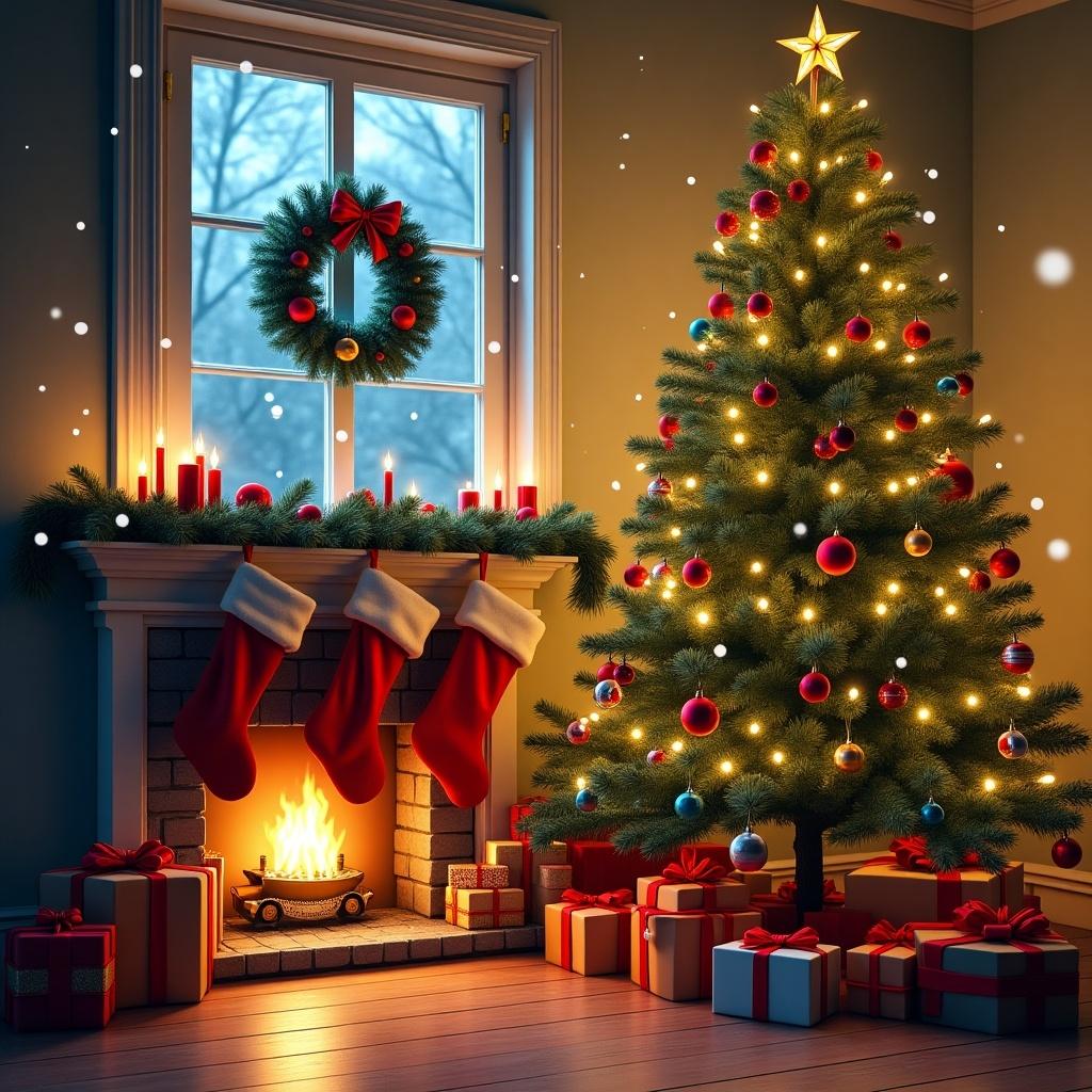 A beautifully decorated Christmas tree stands in a cozy living room. The room features a glowing fireplace with stockings. Gifts are stacked under the tree. A wreath decorates the window. Snowflakes lightly fall outside.