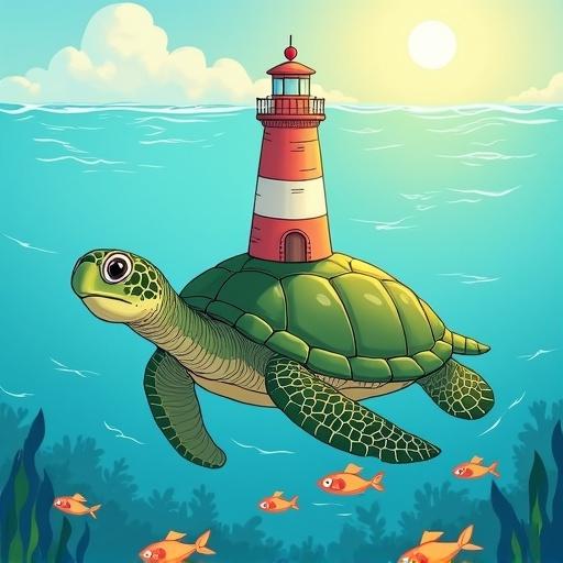 A lighthouse is built on the shell of a giant sea turtle. The turtle swims through calm waters. Fish jump beside it. The scene is viewed from above in midday sun. The style is for a children's book illustration with bold outlines and warm colors giving off whimsical charm.