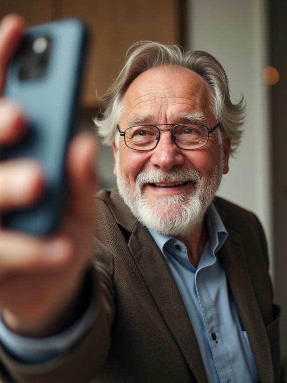 Portly elderly man taking a selfie while smiling. Indoor setting. Warm and inviting atmosphere. Joyful expression. Natural light highlights his features.