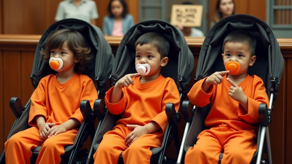 Scene set in a courtroom with children in orange jumpsuits sitting in strollers. Children have large pacifiers and show pride in them. Mothers are in a cage, holding a sign. High detail capturing the scenario.