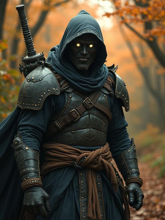 A hooded warrior stands in a dimly lit forest. The figure wears elaborate armor with glowing eyes. The background is filled with autumn leaves.