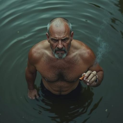 Top view of a stocky, balding older man in a murky pond. He is topless and holding a lit cigar. His expression is grim as he stares at the sky. Dirty water ripples around him with steam rising from the cigar. The lighting is dramatic with grey clouds reflecting on the water. The mood is cinematic and atmospheric with a focus on realism.