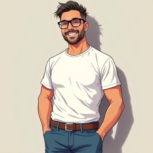 Anime style portrait of a confident middle-aged man wearing jeans and white T-shirt. Man has spiky hair, slight beard, and round sunglasses. He is smiling and standing next to a university. The background is neutral and plain.