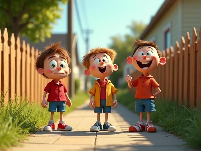 Three cartoon characters stand in a suburban neighborhood. The characters wear vibrant shirts and shorts. They are in their 40s but still appear youthful. Picket fences line the alleyway. Bright sunlight illuminates the scene. The mood is happy and cheerful. The characters have unique hairstyles and expressions.