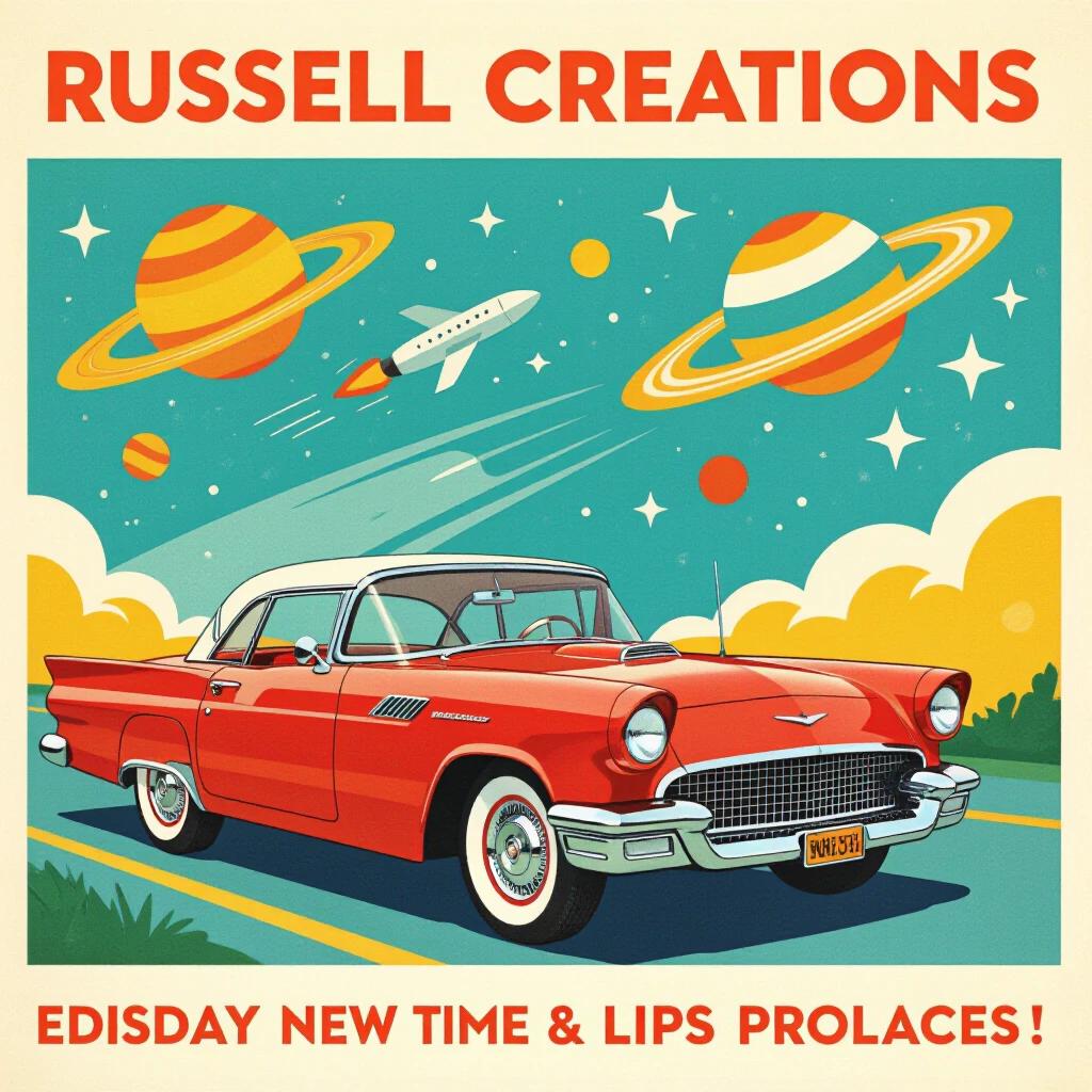 Poster design featuring Russell Creations. A red vintage car in the foreground. Colorful background with planets and a rocket. Emphasis on creativity and retro style.