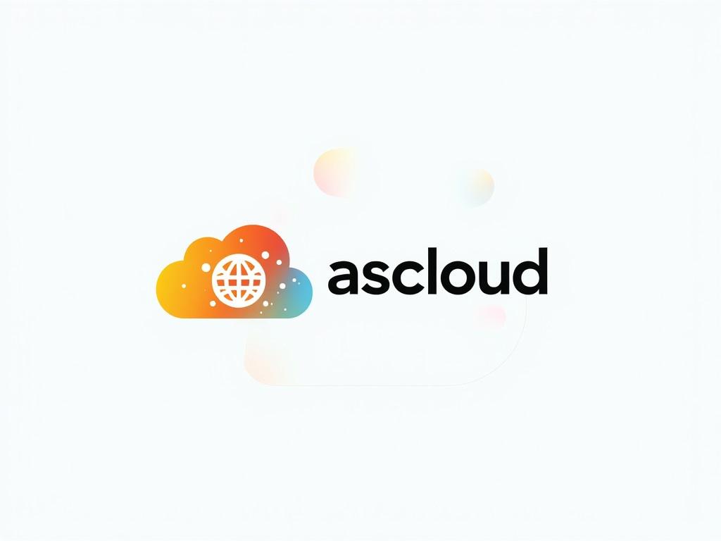 The image features a logo design for a cloud service called 'ascloud.' The logo has a vibrant color scheme, primarily utilizing orange, yellow, and blue tones. It incorporates a cloud-like shape alongside a network or globe motif, suggesting connectivity and cloud technology. The font for 'ascloud' is modern and bold, emphasizing the company's focus on technology. There are smooth curves and overlays, giving the logo a contemporary and professional look.