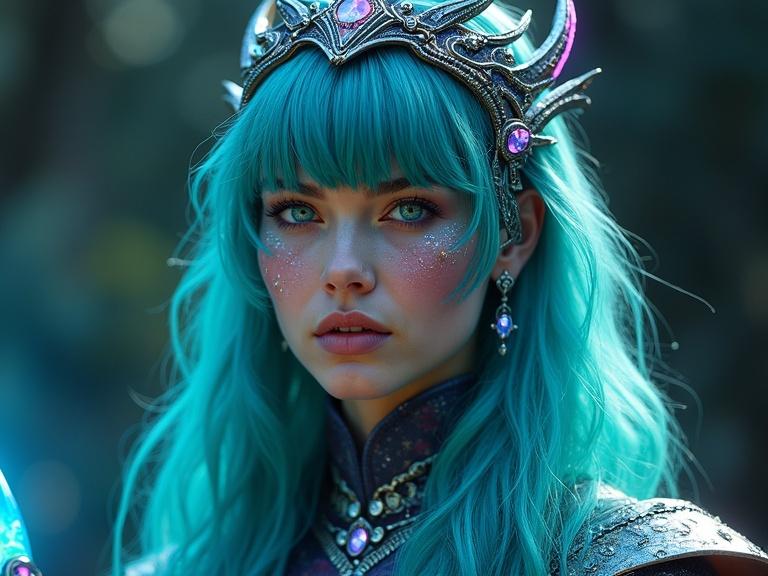 Avatar with brilliant teal hair and shimmering waves. Ethereal face framed by sharply cut bangs. Eyes glow neon blue like swirling galaxies. Complexion shifts in shades of obsidian with starry specks. Tattoos pulse with light in electric purple and turquoise. Futuristic robes change colors based on mood. Cloak with nanotechnology displays glowing symbols. Wields crystalline scepter with gemstones. Holographic constellations project around them. Crown resembles a futuristic halo with pulsating gemstones.