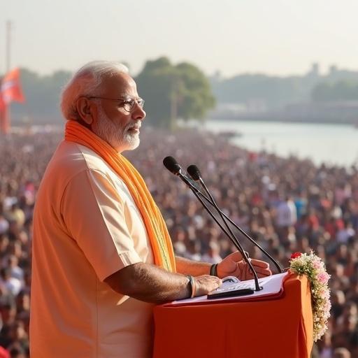 Narendra Modi addressing the people of Gujarat at the riverfront in Ahmedabad. The scene depicts a large crowd gathered to listen to his speech. He is positioned at a podium with a microphone in hand. Bright natural sunlight enhances the atmosphere.