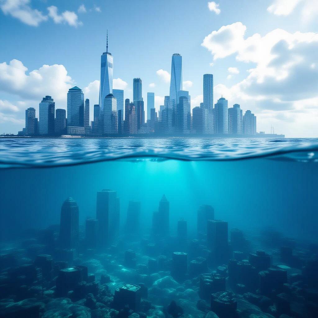 Skyscrapers emerge from the ocean. Underwater cityscape visible beneath the surface. Hyper-realistic style. Cinematic atmosphere. High detail in 8K resolution.