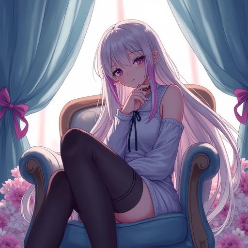 Anime character with long white hair and purple highlights. Seated elegantly on a chair with crossed legs. Hand resting on chin. Surrounded by flowers and curtains. Soft lighting with rays in the background.