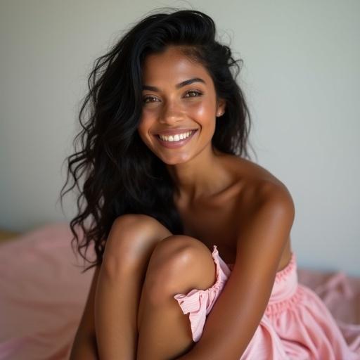 Ultra-realistic photo of a woman from chest up with soft lighting and bokeh background. Woman has bronzed skin and light green eyes, long wavy black hair. She is seated hugging her knees, wearing a pink strapless dress. Calm expression with a serene smile. Background has Japanese charm.