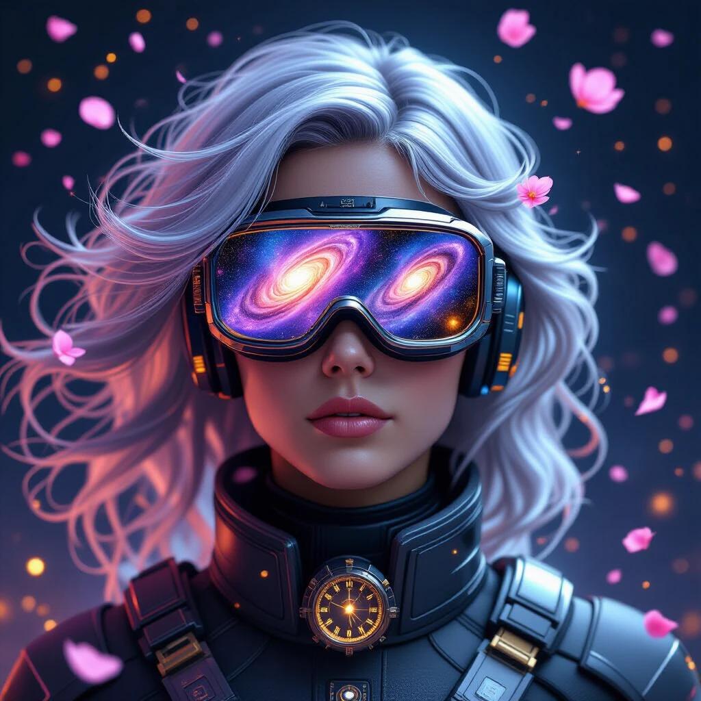 A hyperrealistic portrait of a time traveler. The traveler wears advanced temporal goggles. The goggles display swirling galaxies with cosmic phenomena. Miniature spiral nebulae and distant stars appear. Time distortion effects in brilliant colors. Flowing silver hair moves in zero gravity. Temporal energy ripples create wave patterns. Glowing cherry blossom petals float. Complex chronometer displays and clock mechanisms materialize. Thousands of golden light particles swirl in the background. The traveler wears a sophisticated suit collar with quantum indicators. Dramatic and mystical sci-fi atmosphere. Digital art style with photorealistic rendering.