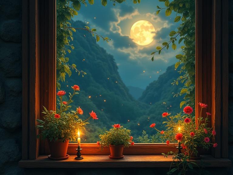 A warm window scene showing a glowing atmosphere with fireflies, a blinking caterpillar, rustling leaves, and swaying flowers under moonlight.