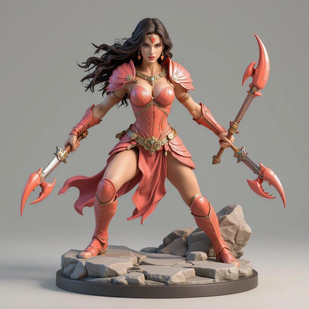 Ultra-detailed 3D figure of a warrior goddess inspired by Cancer. She wears coral-toned armor with shell texture. Pose is aggressive as if mid-attack. Holds two crab-claw-shaped daggers made of shiny steel. The base is round, carved stone. Long hair blows back as in the wind. Styled for resin printing, studio lighting, no background.