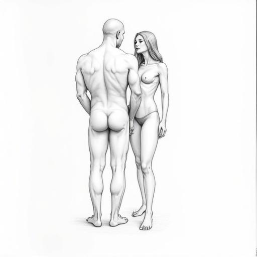 Full body view of a man and a woman drawn in pencil. The figures are represented anatomically with attention to detail. A white background emphasizes the figures. The artwork reflects John Buscema's style.