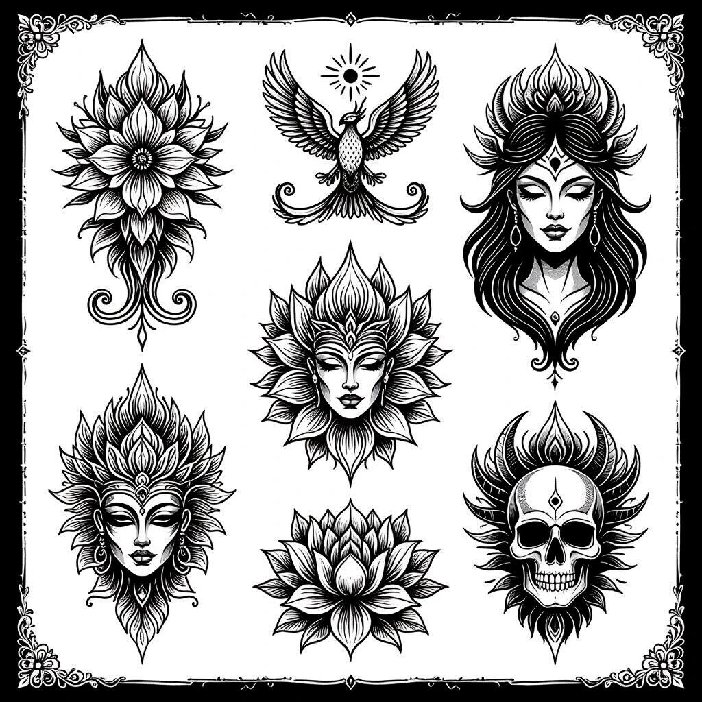 Collection of diverse fantasy tattoo designs. Features thick black outlines and minimalist style. Designs are arranged in an aesthetically pleasing layout. Focus on floral and fantastical elements.