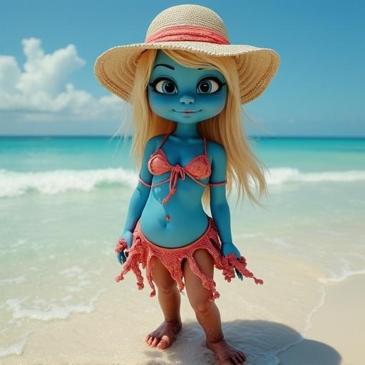 Playful female character with blue skin in a bikini on the beach. She has a hat and a beach look. Well-toned appearance. Summer setting.