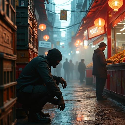 Crouched character behind crates in a vibrant futuristic street market. Hands on knees. Dirt-streaked gloves and torn sleeve visible. Pursuers seen through gap. Vendor under flickering lights. Colorful stalls and hanging lanterns. Steam from noodle stall. Fogged lens suggests heavy breathing.