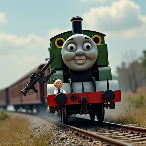 Thomas the tank engine pulls a train. Thomas holds an AK-47 and a Molotov cocktail.