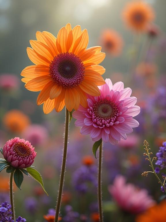 Image depicts colorful flowers in a soft focus background. The main flowers are bright orange and pink, showcasing vibrant petals. The scene captures a serene and dreamy floralscape.