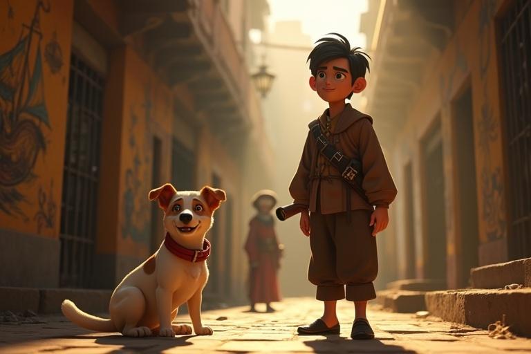 An animated scene in bright daylight. Ajoy stands beside Tuku in a Kolkata alley. Sunlight shows murals of pirates. A sinister silhouette of Sagar Singh watches them. The image has an eerie historical atmosphere.