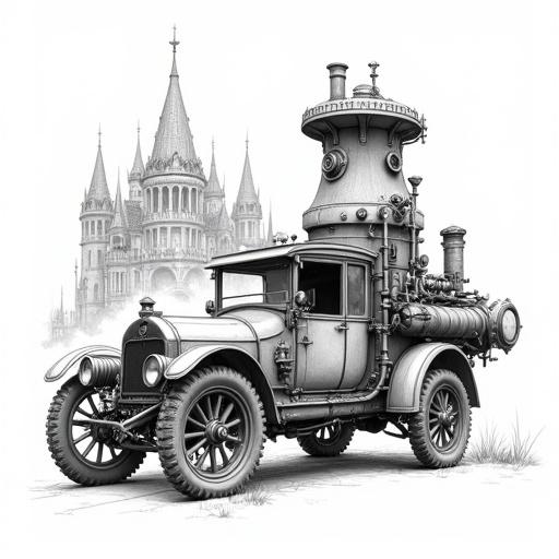 A highly detailed line art drawing features a fantastical steampunk automobile. Based on early 20th-century chassis heavily modified. Elevated turret-like structure at the rear with pipes and gauges. Large spoked wheels and vintage headlamps. Background of a Gothic mansion with pointed roofs. Art style with ultra-fine lines and textured design. View shows dramatic perspective.
