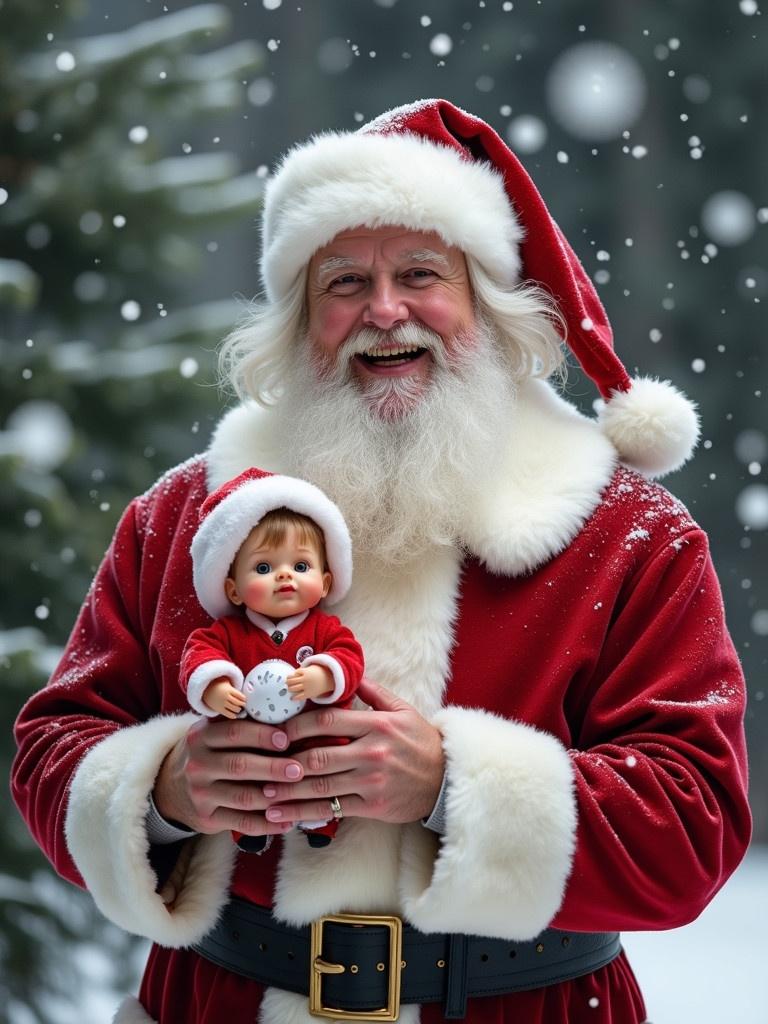 Santa wears a rich red suit and a cheerful demeanor. He holds a baby doll. Snow falls gently around him. Evergreen trees create a beautiful wintery background. The image symbolizes the spirit of Christmas and the joy of connections.