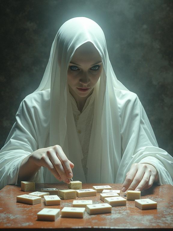 Ghostly figure playing Mahjong. Figure depicted in an abstract style evokes ethereal quality. Soft lighting highlights Mahjong tiles on the table.