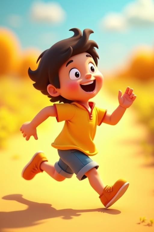 A cheerful child runs in a playful manner in a 3D illustration style. Bright sunny backdrop with vibrant colors reminiscent of animated films.