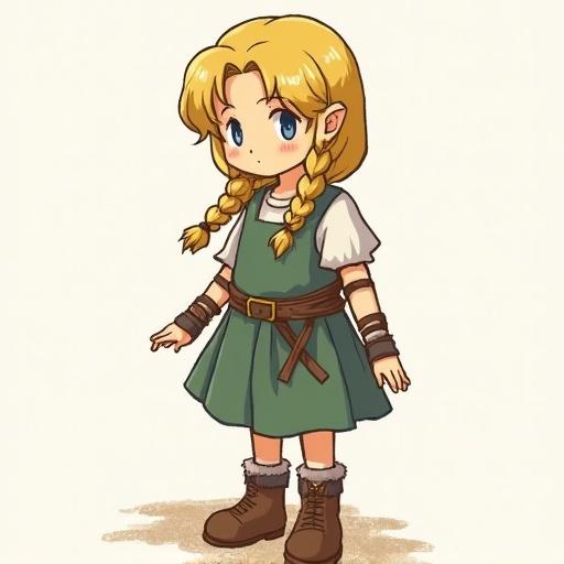 Costumed character inspired by Dragon Quest. Girl with blond braided hair. Drawing showcases entire character to toes.