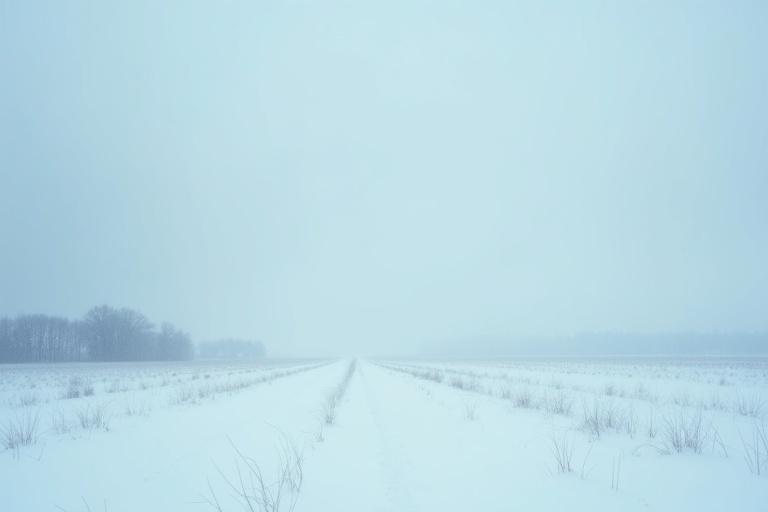 A desolate snow-covered landscape stretches under an overcast sky. The field is white with no signs of life. A pale blue filter creates a cold, muted atmosphere. Fine snow flows softly in the wind. The scene is quiet and feels frozen in time.