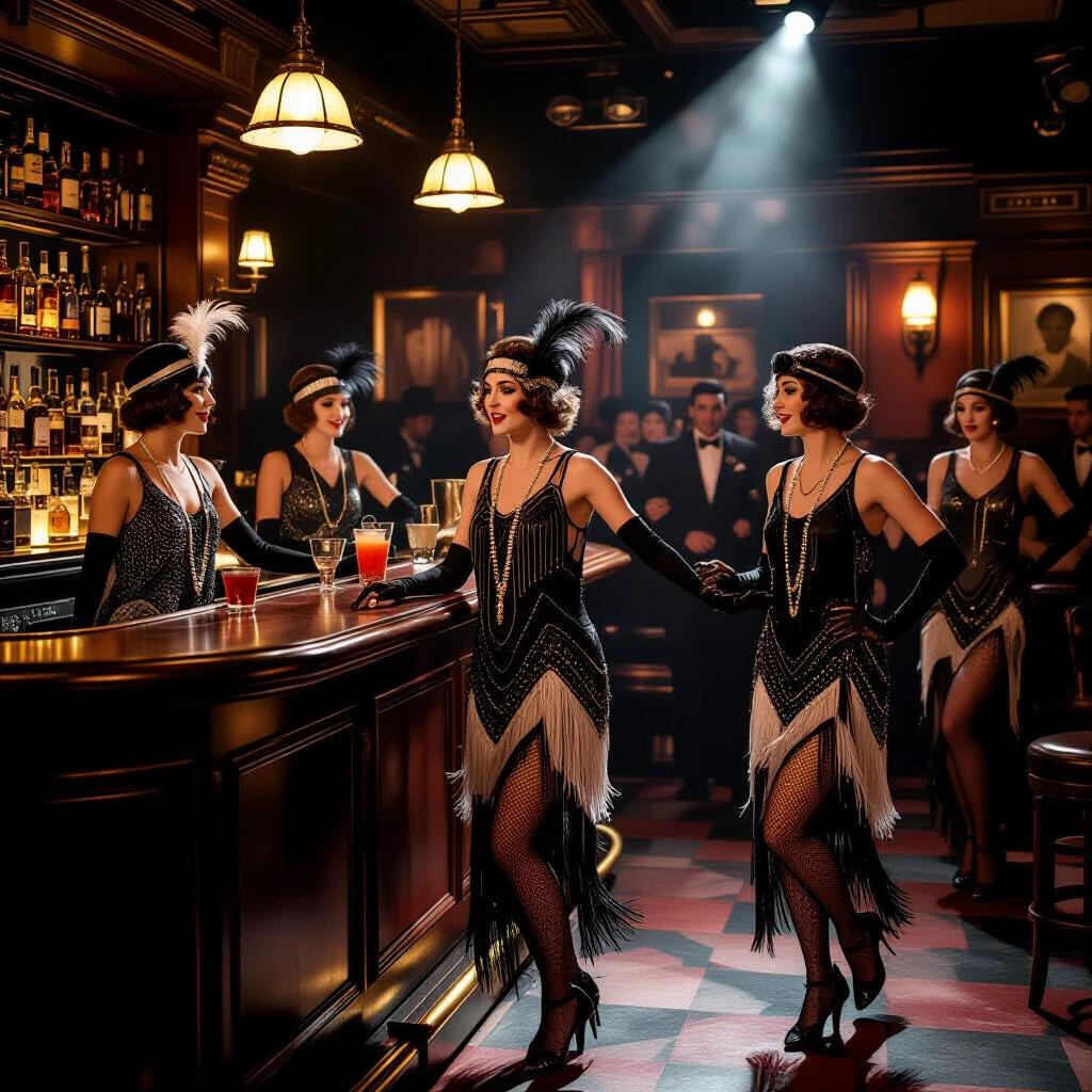 A vintage 1920s speakeasy scene. Women in glamorous flapper dresses serve drinks at the bar. Some perform on stage. The atmosphere is lively and nostalgic. Decorative art deco elements are present. Lighting is warm and inviting.
