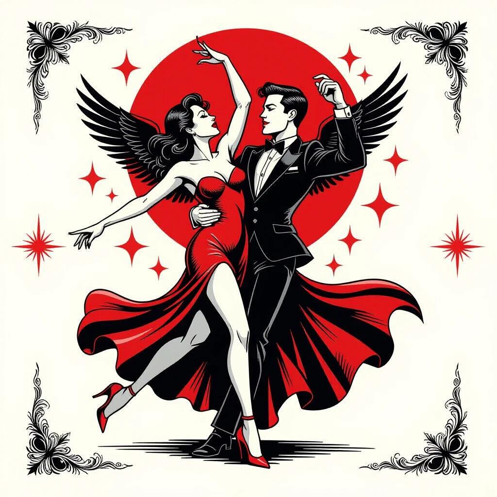 Artistic depiction of a dancing couple. One partner in a red dress and the other in a black suit. Figures are surrounded by wings in a stylized manner. Bold red circular background. The design features thick black outlines and minimalist elements. Inspired by prominent artists.